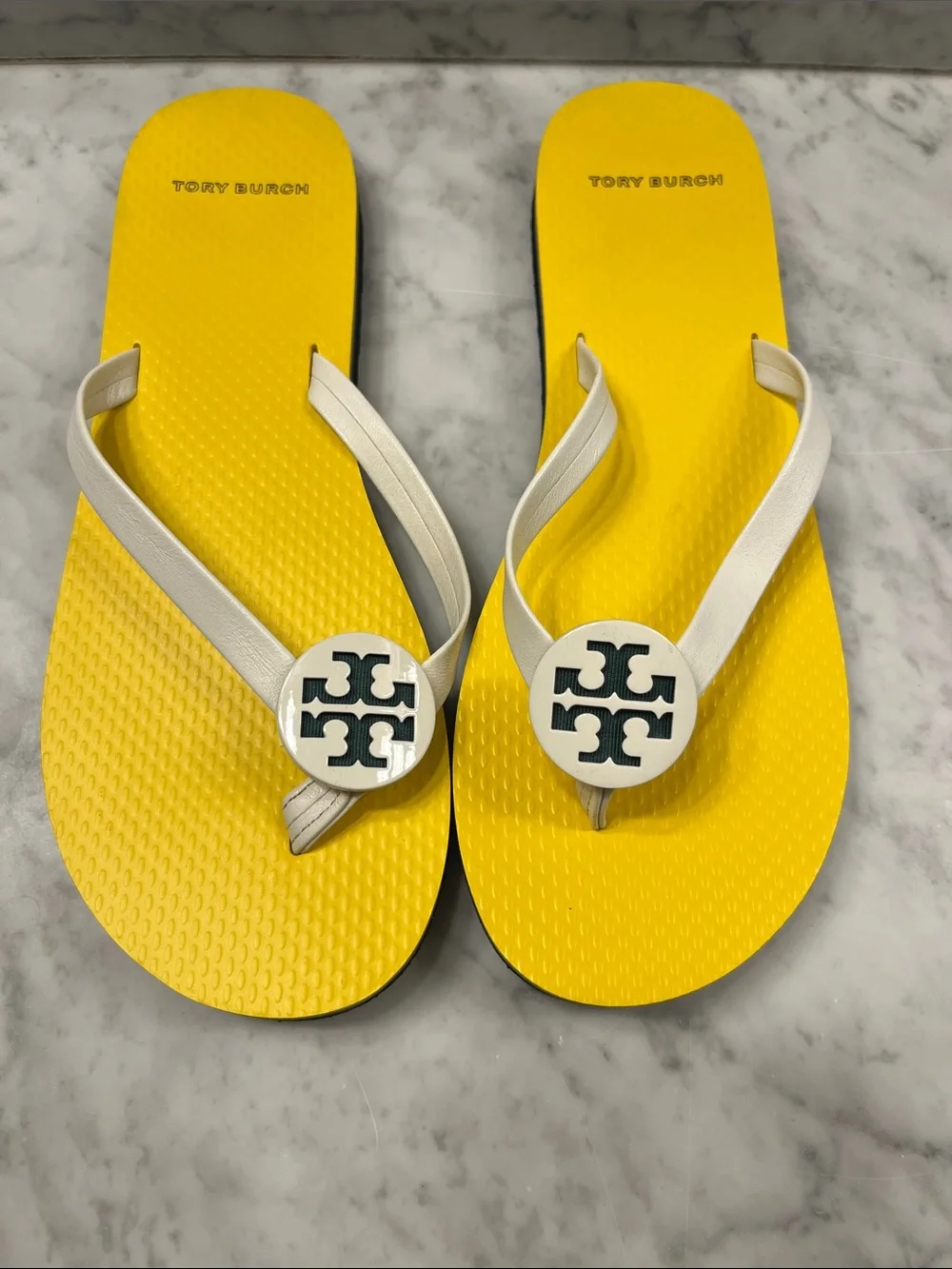 Tory Burch Yellow Flip Flop Sandals with White Straps and Logo